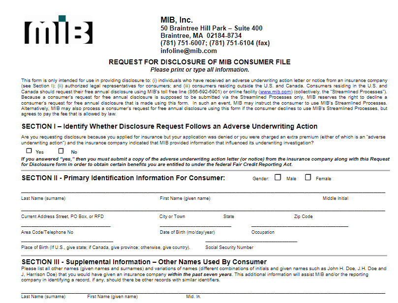 Life Insurance MIB Consumer File